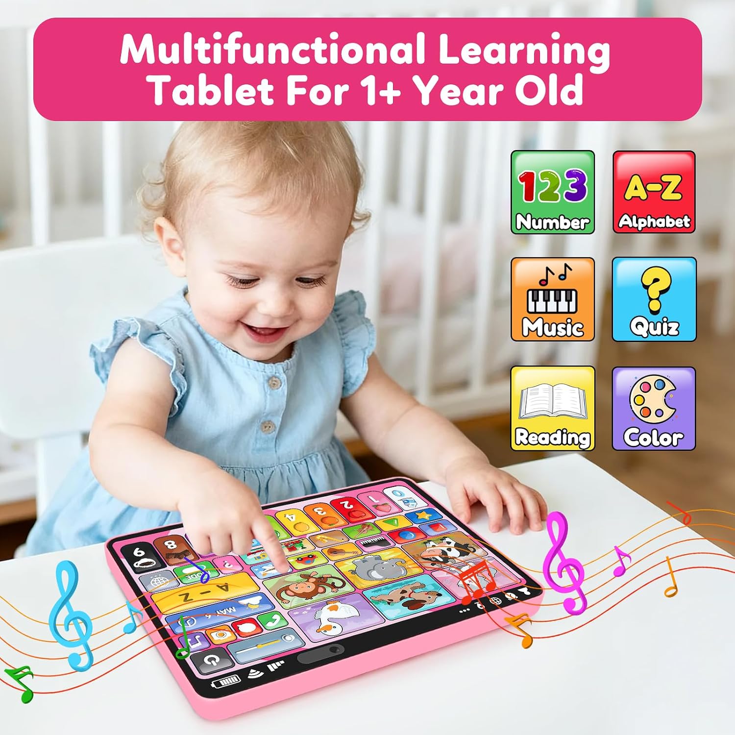 Trilingual Learning Toy Tablet with Music & Sound, Montessori Speech Therapy Toys for 1 Year Old Girl Boy Musical