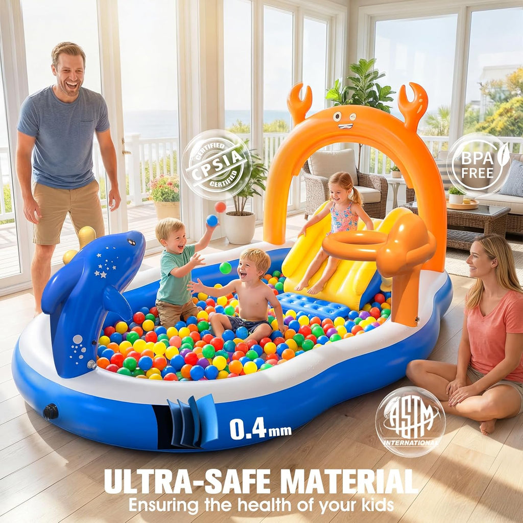 2026 Large Inflatable Play Center,Toddler Pool with Water Slide&Sprinkler,120"x70"x50"Inflatable Kiddie Pool with