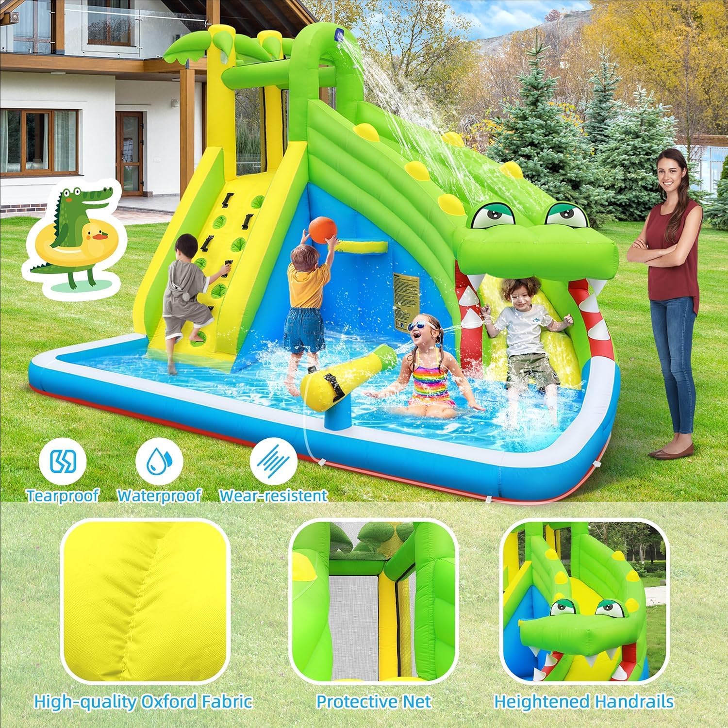 Inflatable Water Slide：5 in 1 Crocodile Bounce House Water Park for Kids - Climbing Wall Splash Pool Water Cannon