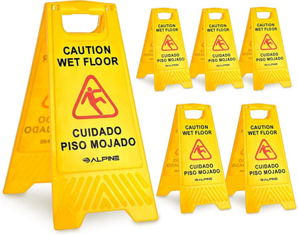 Wet Floor Sign 6 Pack - 24 Inch, High Visibility Yellow Caution Slippery When Wet Sign - Bilingual Safety Warning to