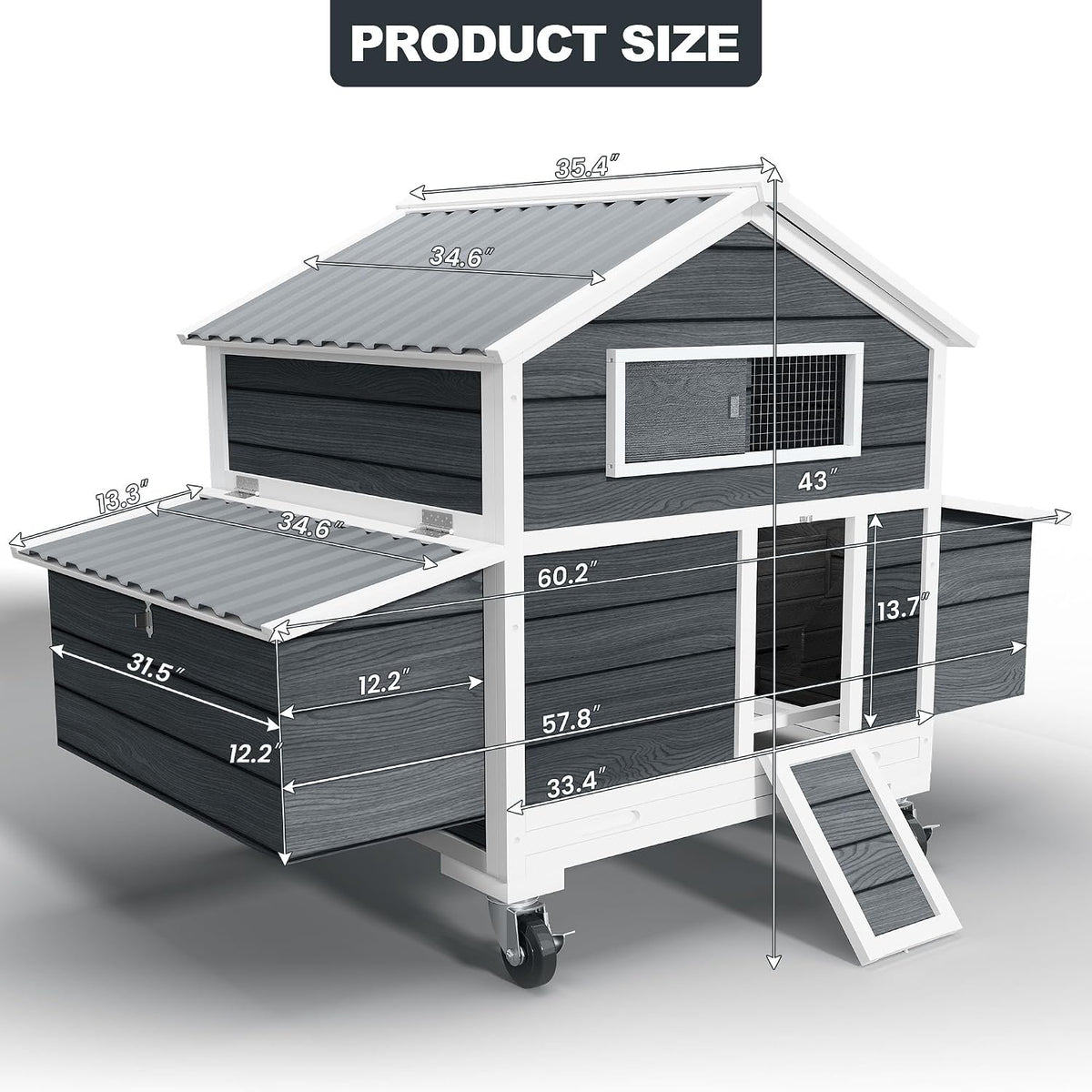 Large Chicken Coop with Wheels, Waterproof Outdoor Hen House for 6-8 Chickens, Movable Chicken House with Nesting