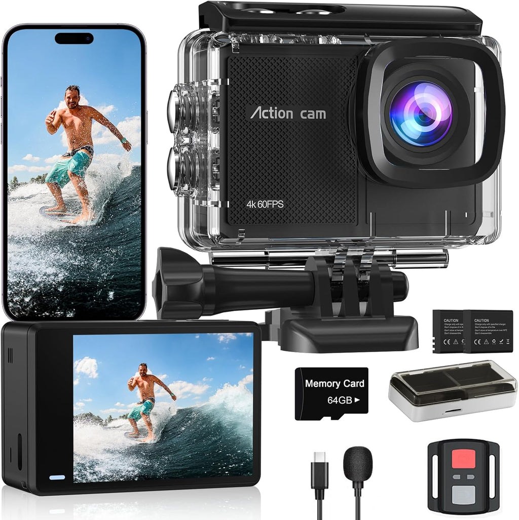 4K 60FPS Action Camera with 64GB Card-48MP Waterproof Camera,40M Underwater Camera,8X Zoom,EIS