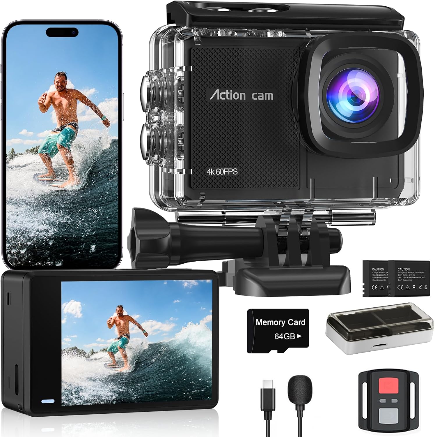 4K 60FPS Action Camera with 64GB Card-48MP Waterproof Camera,40M Underwater Camera,8X Zoom,EIS