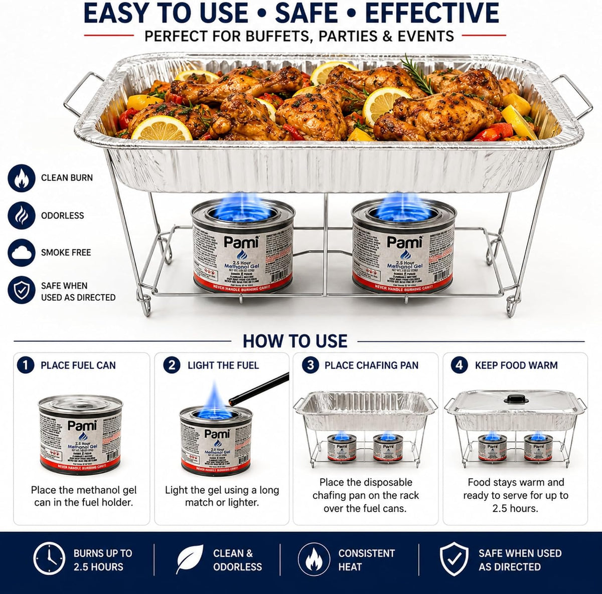 Pami Chafing Fuel Cans - Chafing Dish Fuel Cans with 2.5-Hour Burn Time, Methanol Fuel Gel Cans for Food Warmer