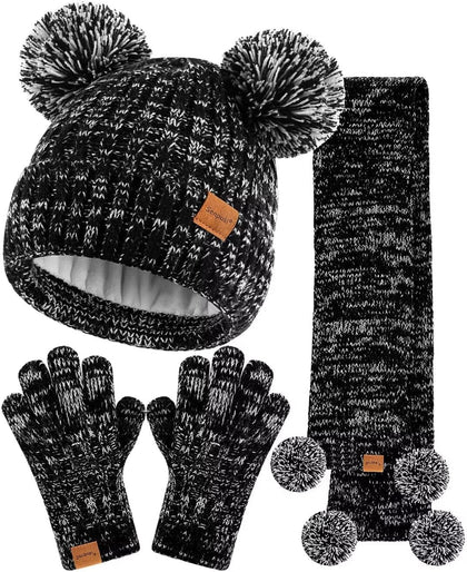 Kids Winter Hat Gloves Scarf Set, Girls Toddler Children Beanie with Pom Knit Neck Warmer Gaiter Mittens Fleece Lined