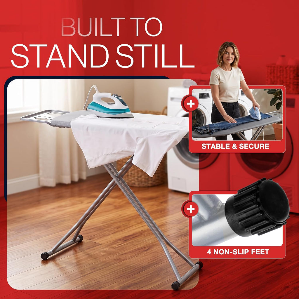 Full Size Ironing Board, Sturdy Frame, Heat Resistant Cover, Iron Rest | Stable Steel Construction, Wide Ironing
