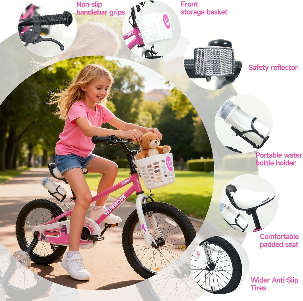 12-18 Inch Kids Bike with Light up Training Wheels for Boys Girls | Dual Brake Bicycle with Basket Adjustable Seat