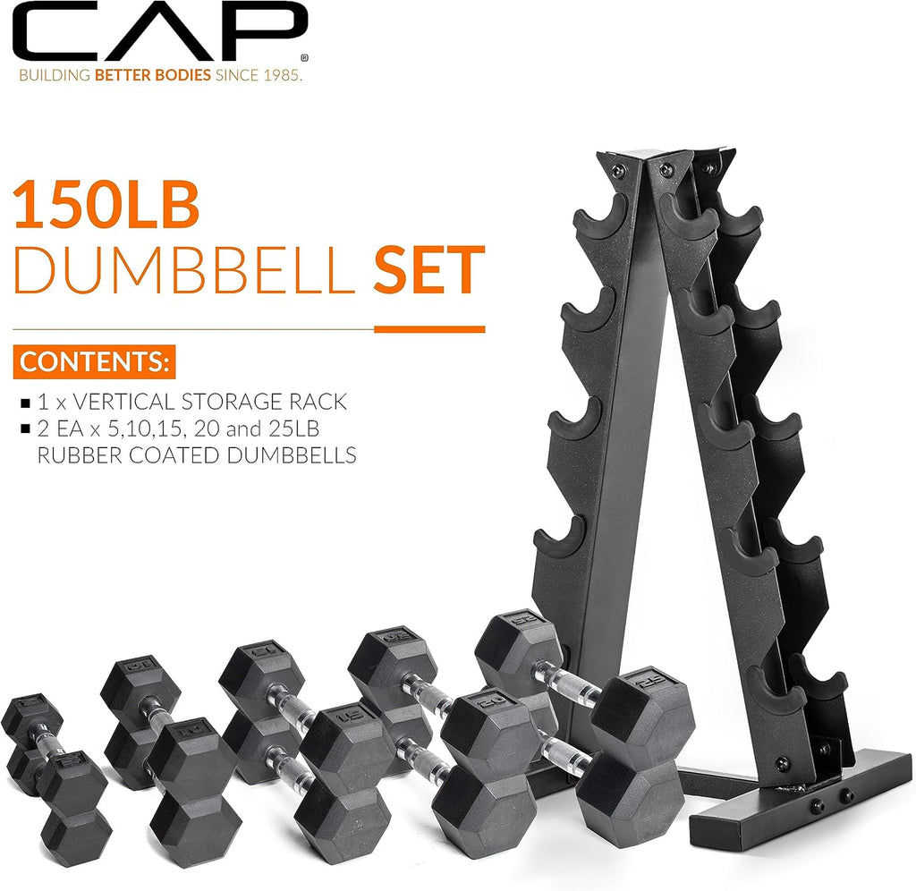 Rubber Coated Hex Dumbbell Set with Storage Rack | 100–210 lb Options, Space-Saving Vertical Compact Storage for Home