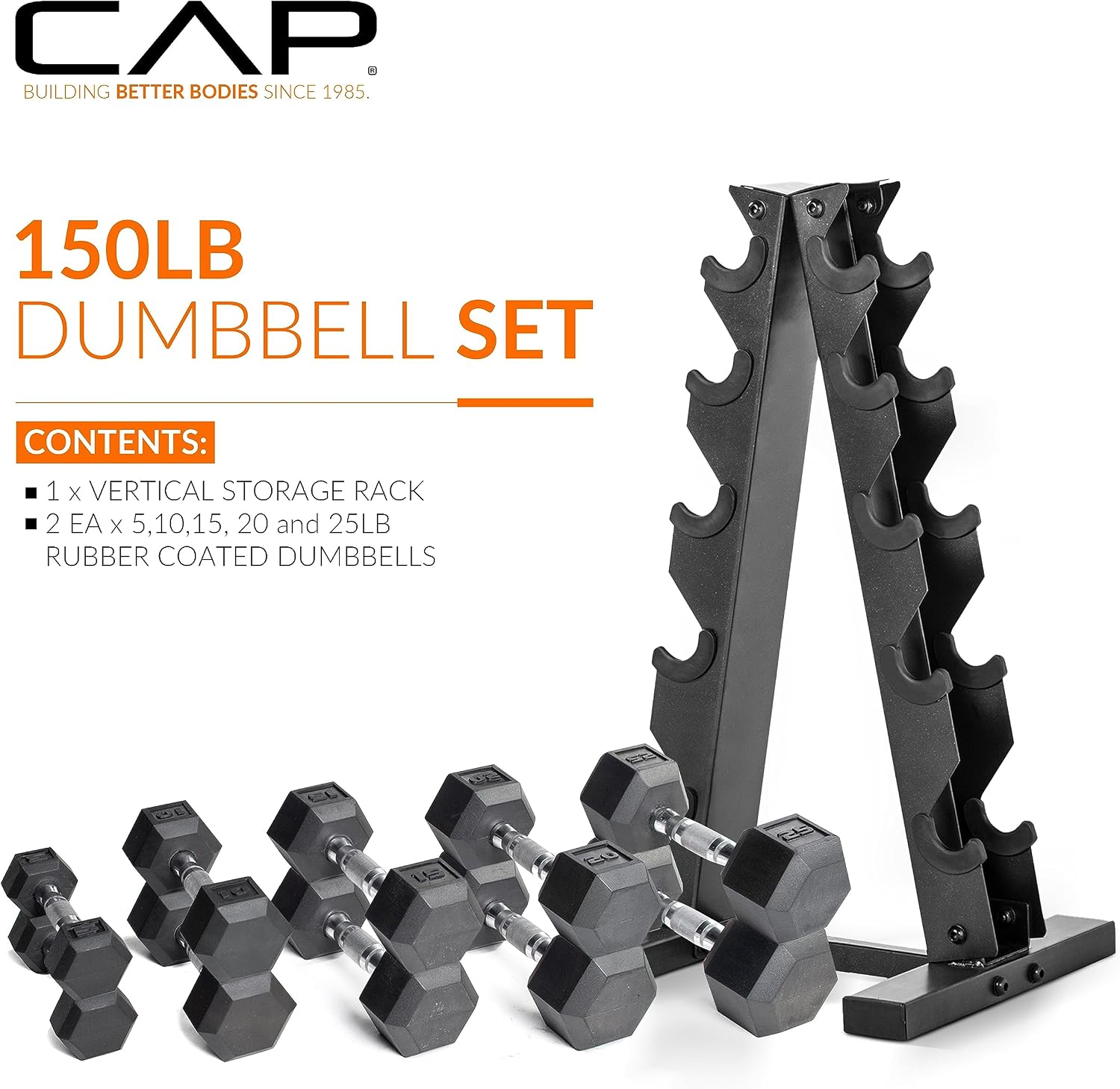 Rubber Coated Hex Dumbbell Set with Storage Rack | 100–210 lb Options, Space-Saving Vertical Compact Storage for Home