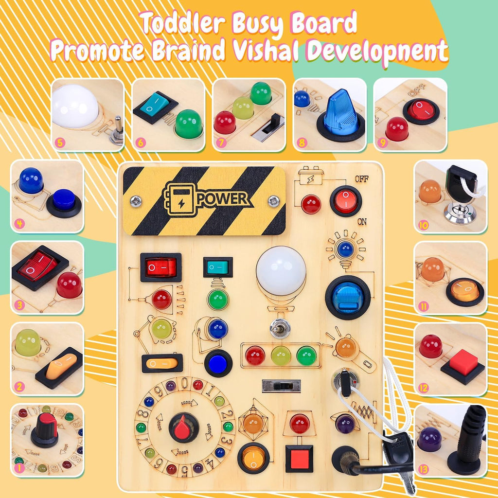 Busy Board with LED Light Switches, Montessori Toys for 1 2 3 Years Old, Toddlers Wooden Toy Sensory Activity Board