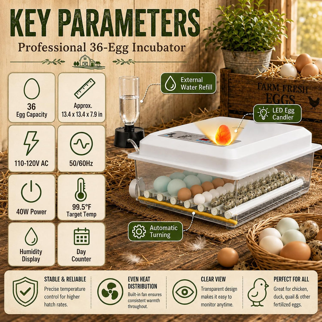Egg Incubator for Chicken for 36, 5 Incubation Modes, Temperature Control, Auto Egg Turning, Dual Power Supply
