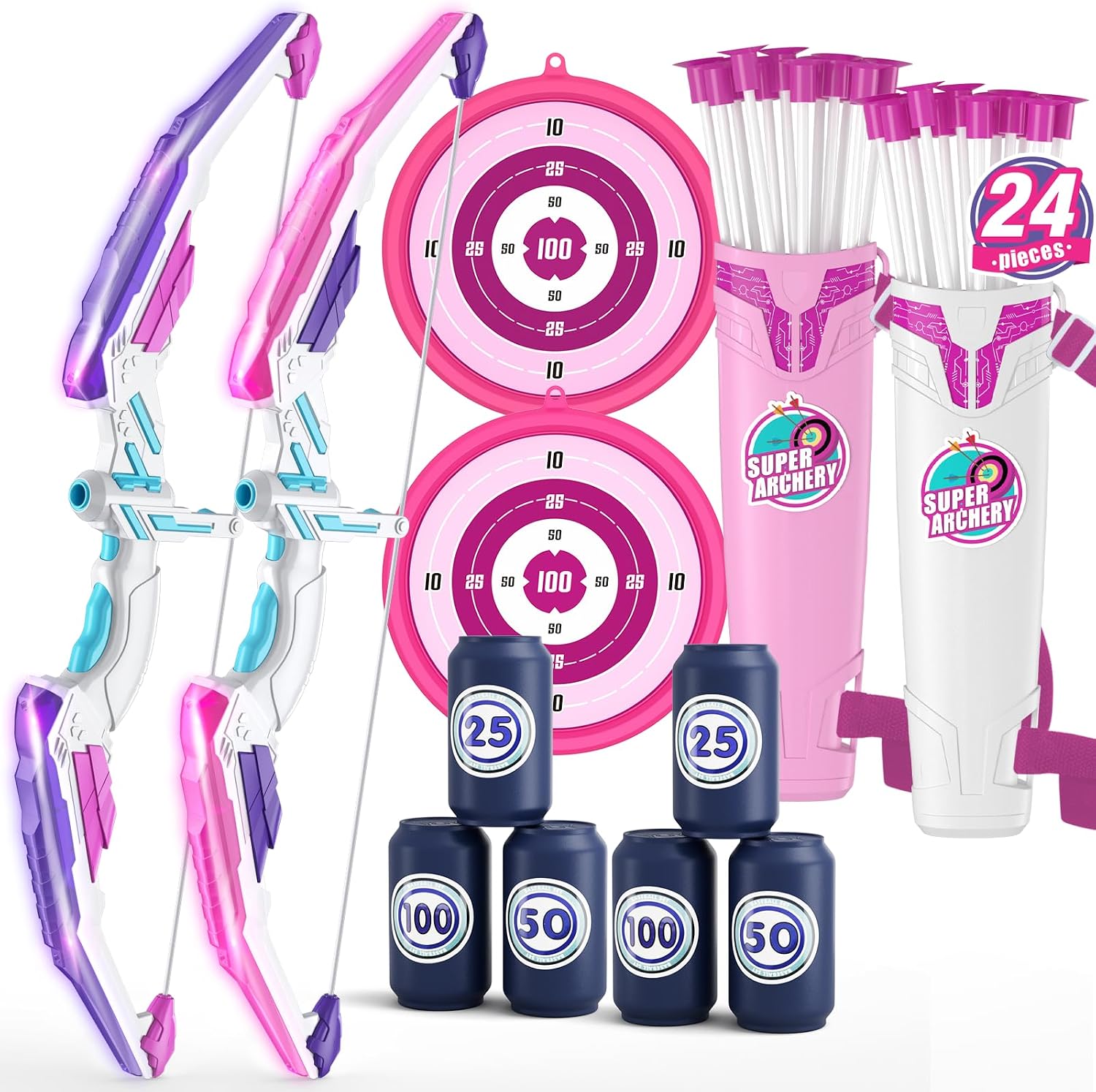 2 Pack Bow and Arrow for Kids, LED Light Up Girls Archery Set | with 24 Suction Cup Arrows, 2 Hanging Targets, 6