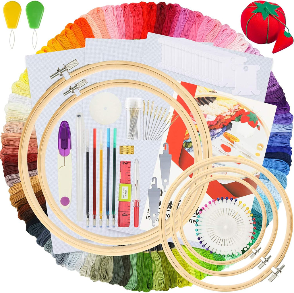 Embroidery Kit 215 Pcs,100 Colors Threads,5 Pcs Embroidery Hoops,3 Pcs Aida Cloth,40 Sewing Pins,Cross Stitch Tools