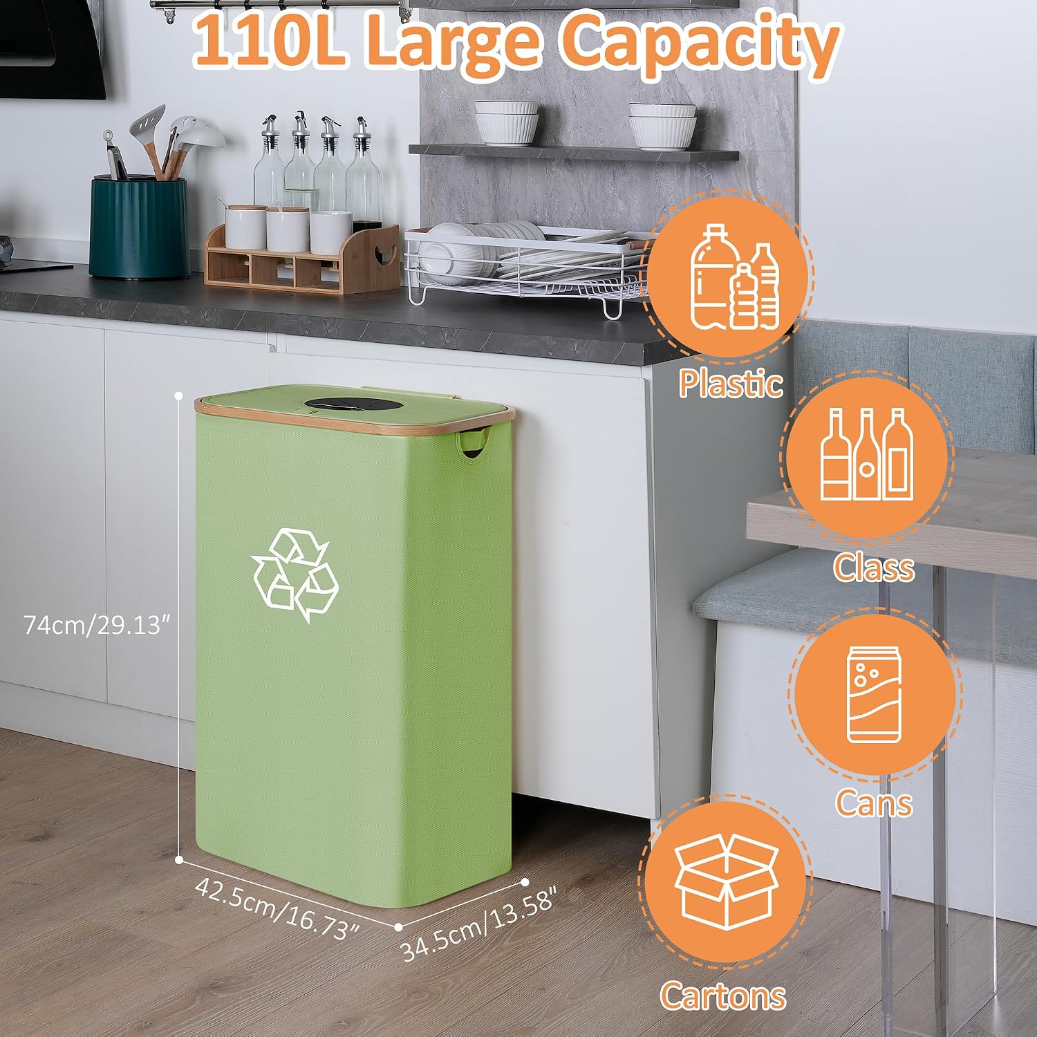 Recycling Bin for Kitchen, 29 Gallon Indoor Recycle Bin with Lid, 110L Fabric Recycling Bin with 2 Removable Reusable