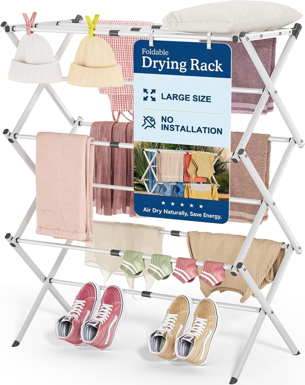 Oversize 3-Tier Clothes Drying Rack, No Install, White | Expandable Design, Non-slip feet, Tool-free Setup, Rust