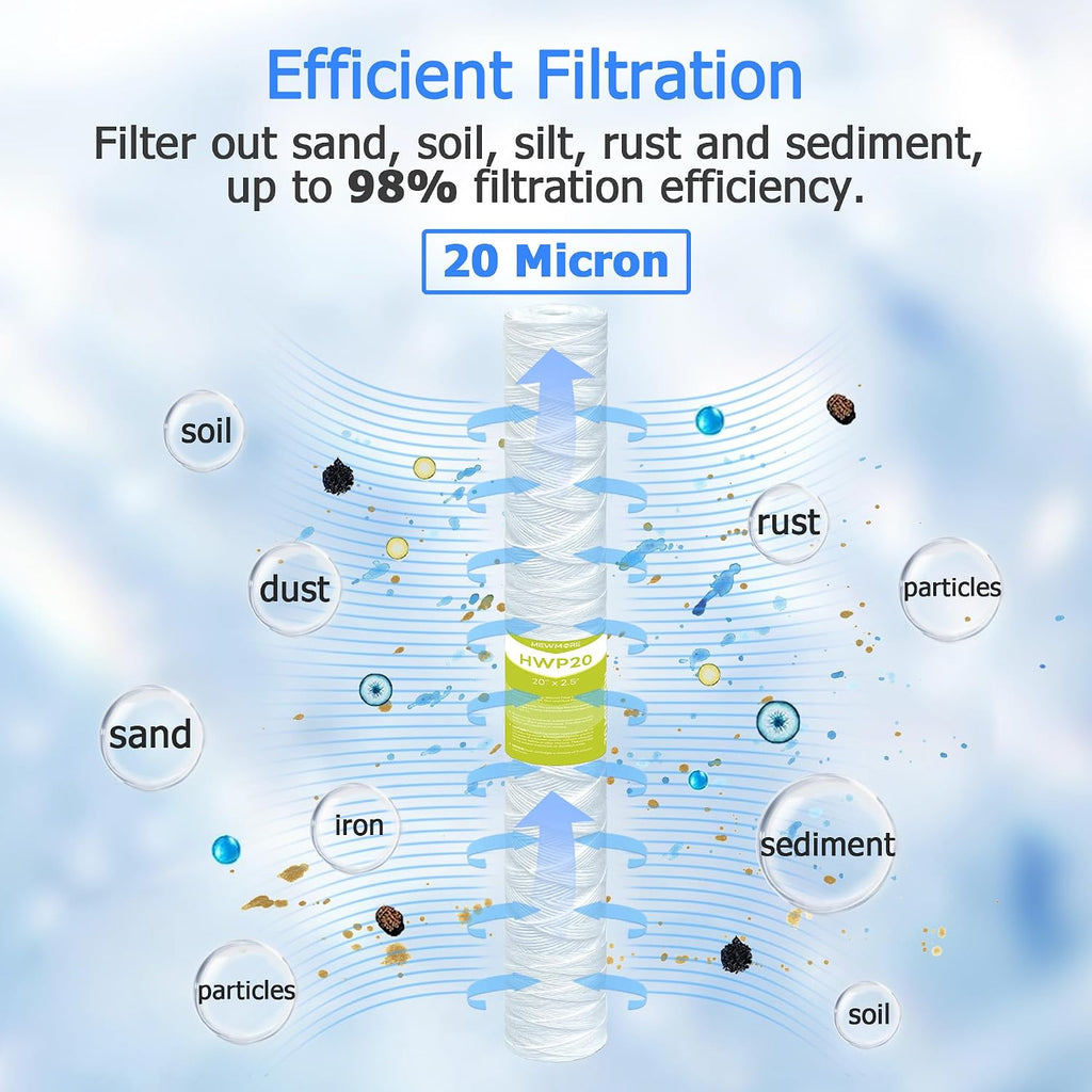 20 Micron Whole House Water Filter Cartridge, 20" x 2.5", 6-Pack