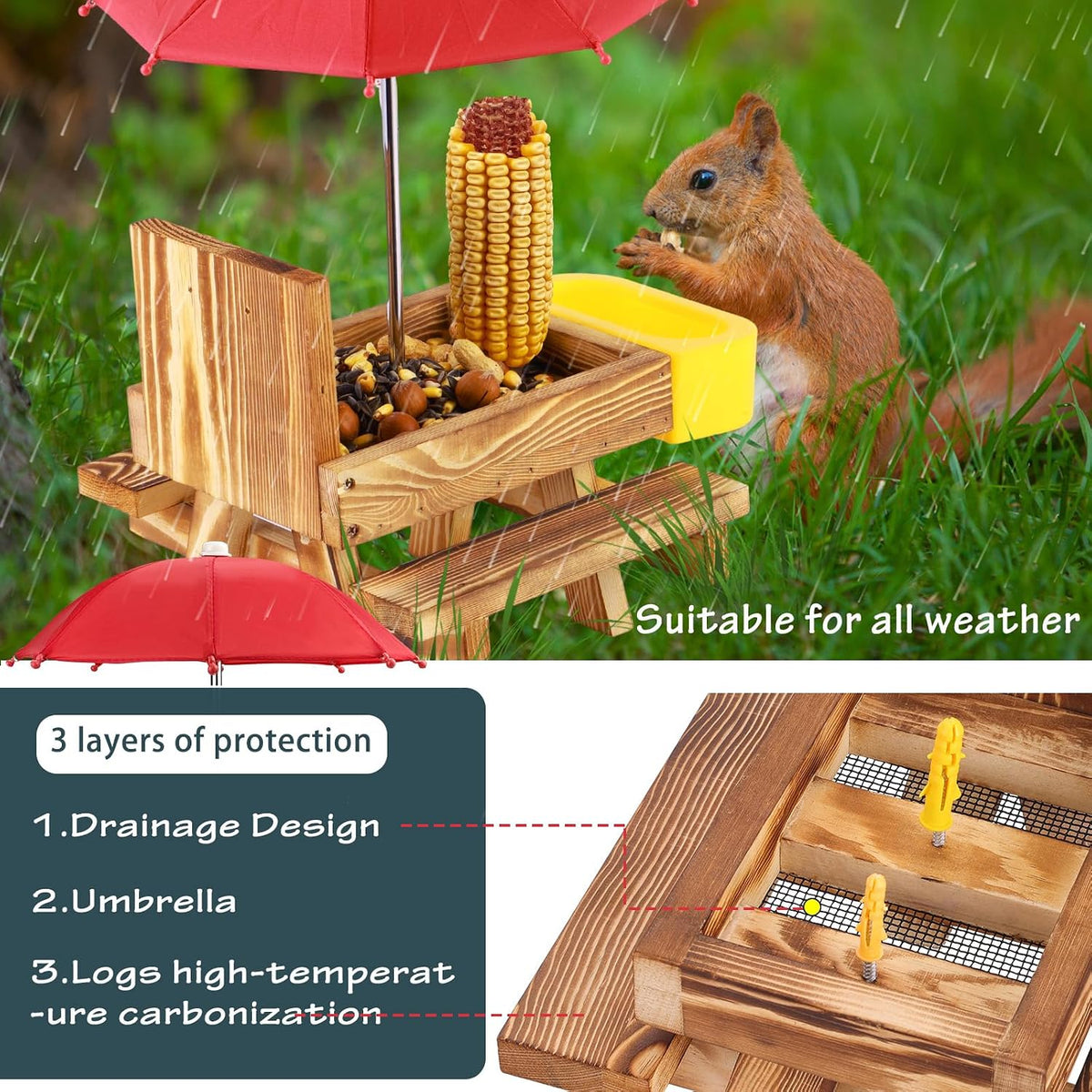 Wooden Squirrel Feeder Table with Water Bowl, Squirrel Picnic Table for Outside with Umbrella, Brown Squirrel Feeder