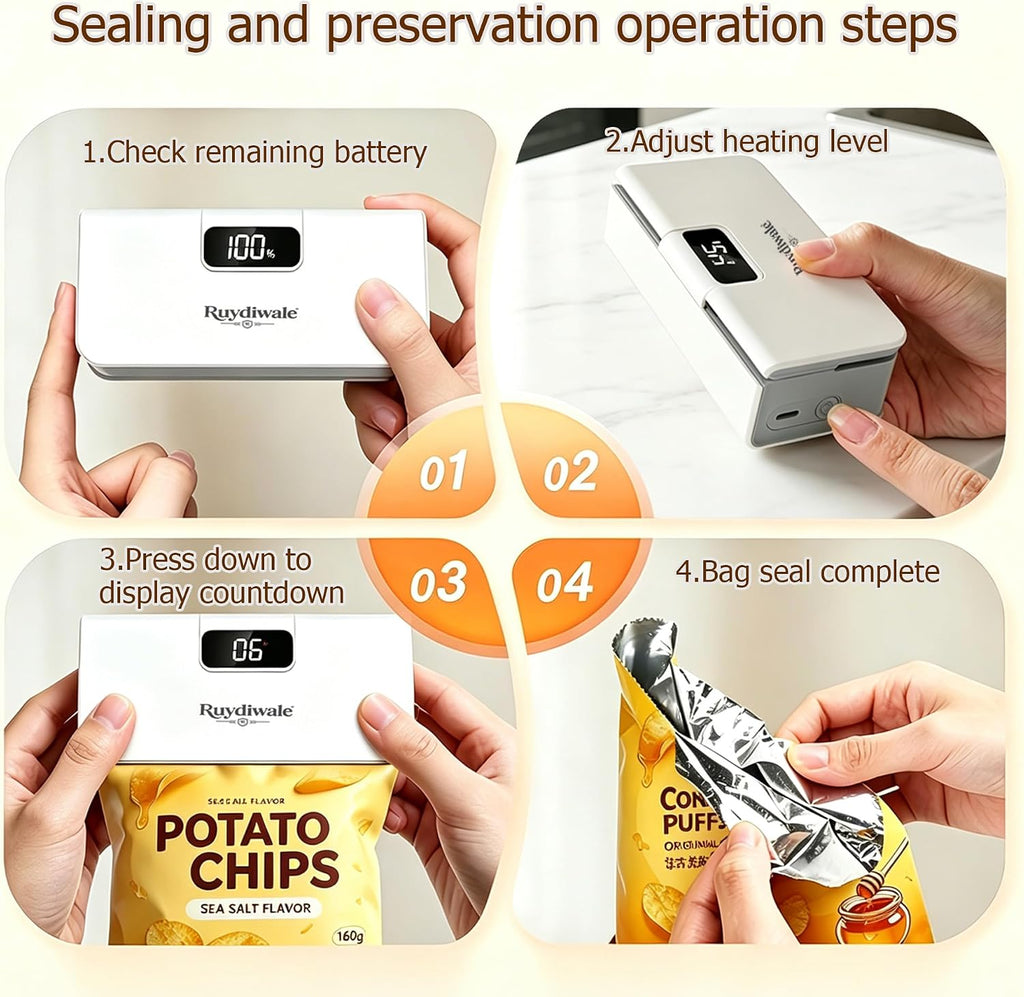 Mini Bag Sealer,6-Speed Adjustment and LED Display (White)