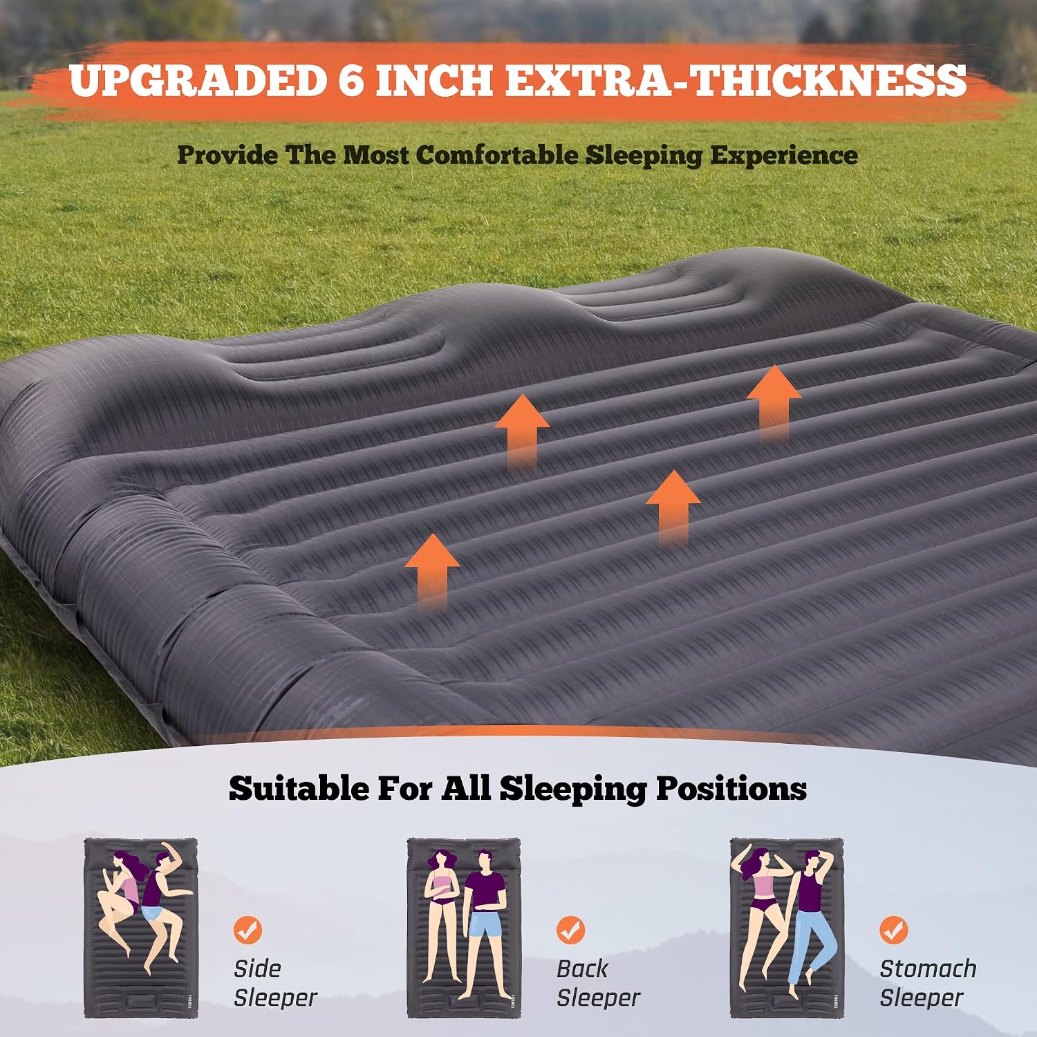 Double Sleeping Pad for Camping, Extra Thick 6" Camping Mattress 2 Person with Pillow Built-in Foot Pump, Inflatable