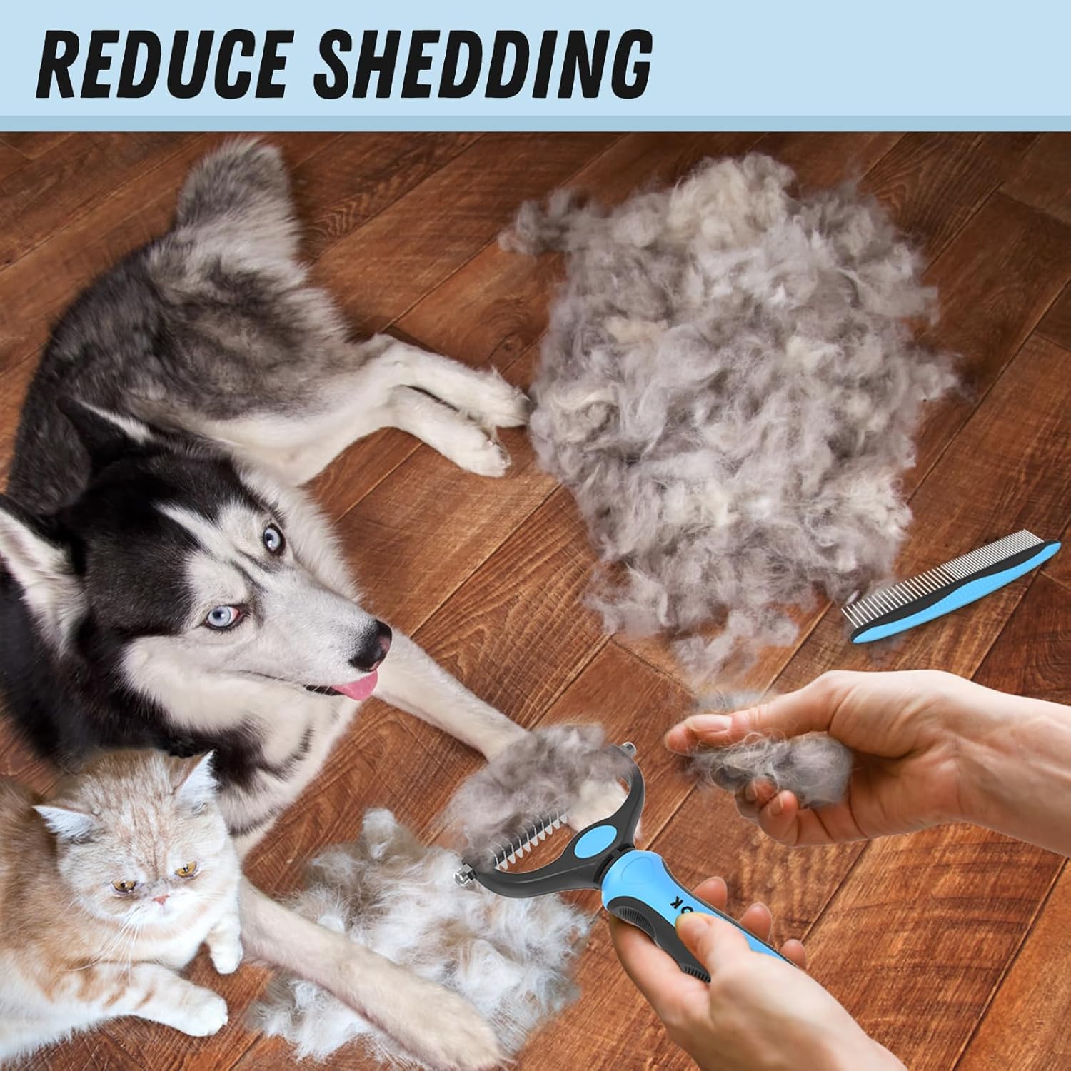 Pet Grooming Combo - Blue Deshedding Brush with Metal Comb for Detangling and Dematting Long, Matted Fur on Cats and