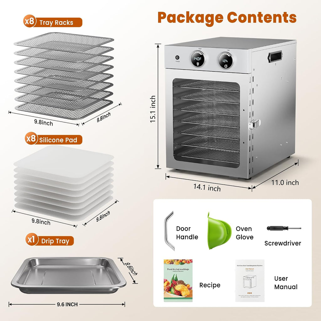 Food Dehydrator Machine | 8 Stainless Steel Trays | 500W Fast Even Drying | 86–194°F Precise Temp Control, 24H Timer