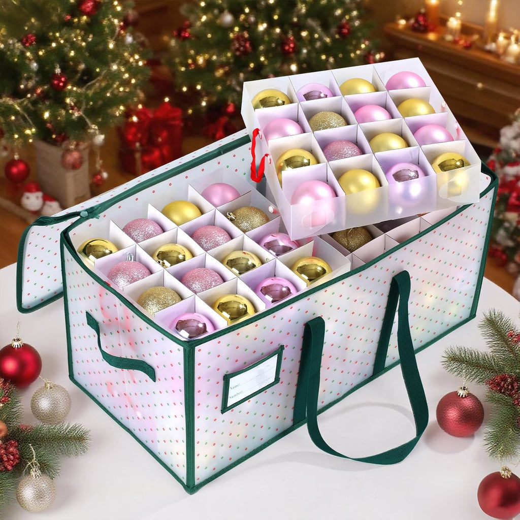 Portable Waterproof Christmas Ornament Storage Box, Large Capacity 128 Slots for 3-Inch Ornaments, Double-Sided Trays