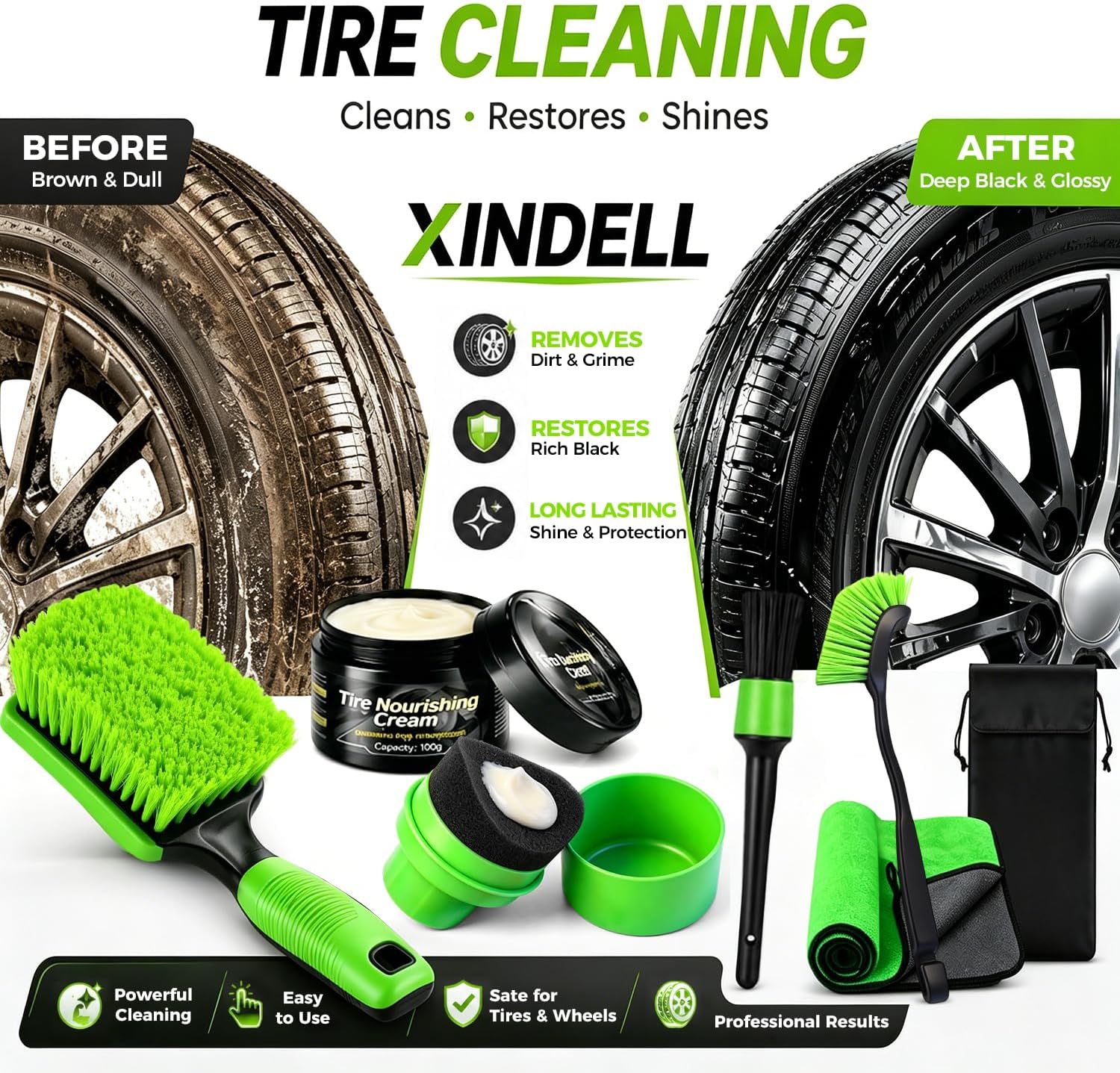 XINDELL Wheel & Tire Cleaning Kit, Deep-Reach Wheel Brush Set for Rims, Spokes, Lug Nuts and Tire Sidewalls