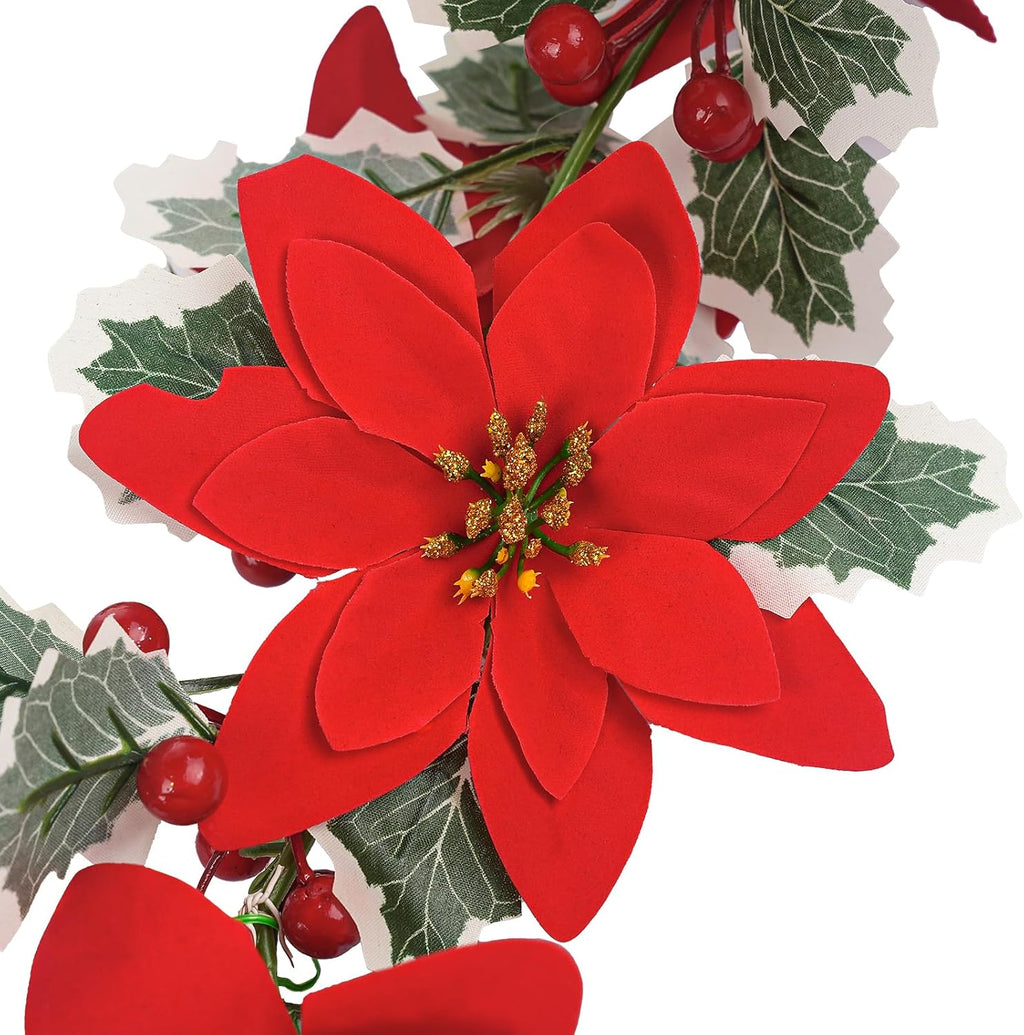 Christmas Garland, Artificial Red Flowers with Berries and Holly Leaves | Indoor Outdoor Garland