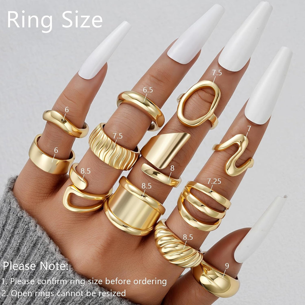 Chunky Gold Stackable Rings for Women Non Tarnish, 18K Gold-Plated Statement Open Stacking Rings, Knuckle Band Ring Set