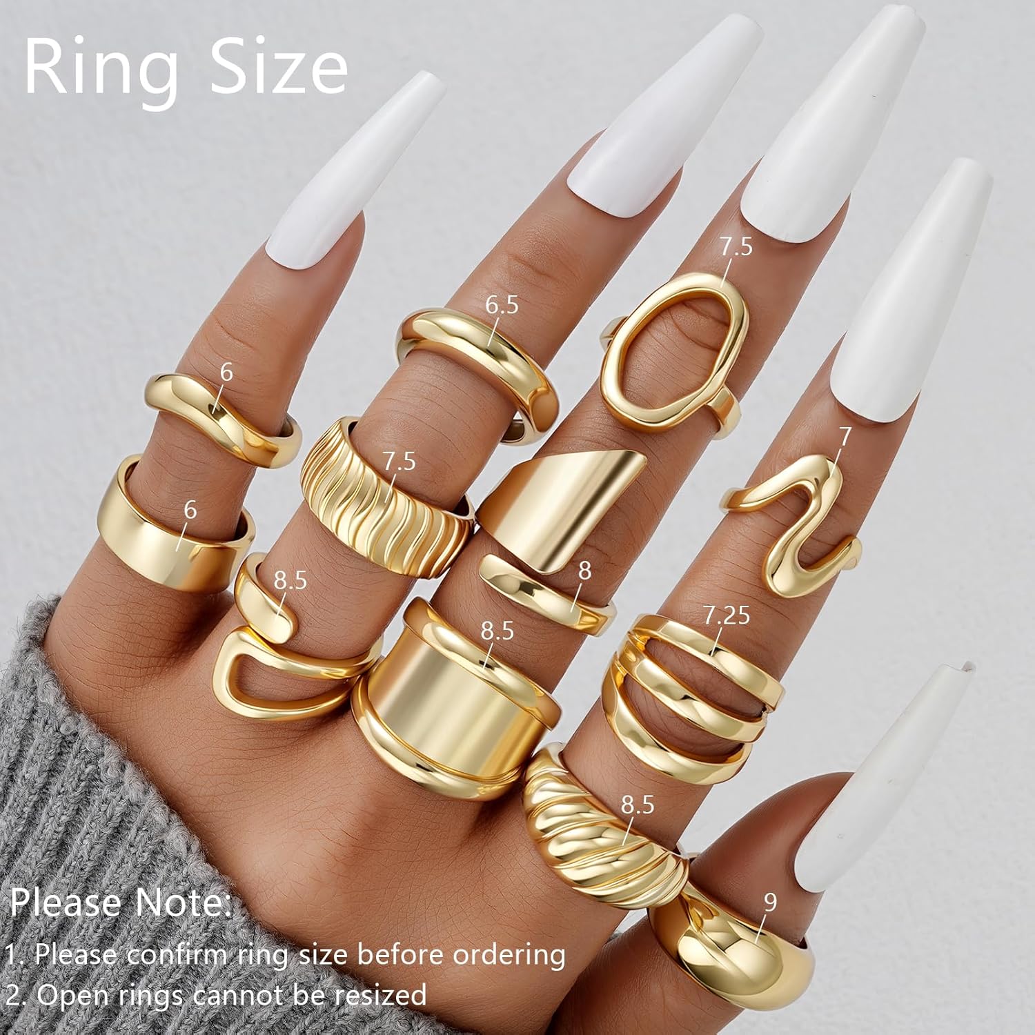 Chunky Gold Stackable Rings for Women Non Tarnish, 18K Gold-Plated Statement Open Stacking Rings, Knuckle Band Ring Set