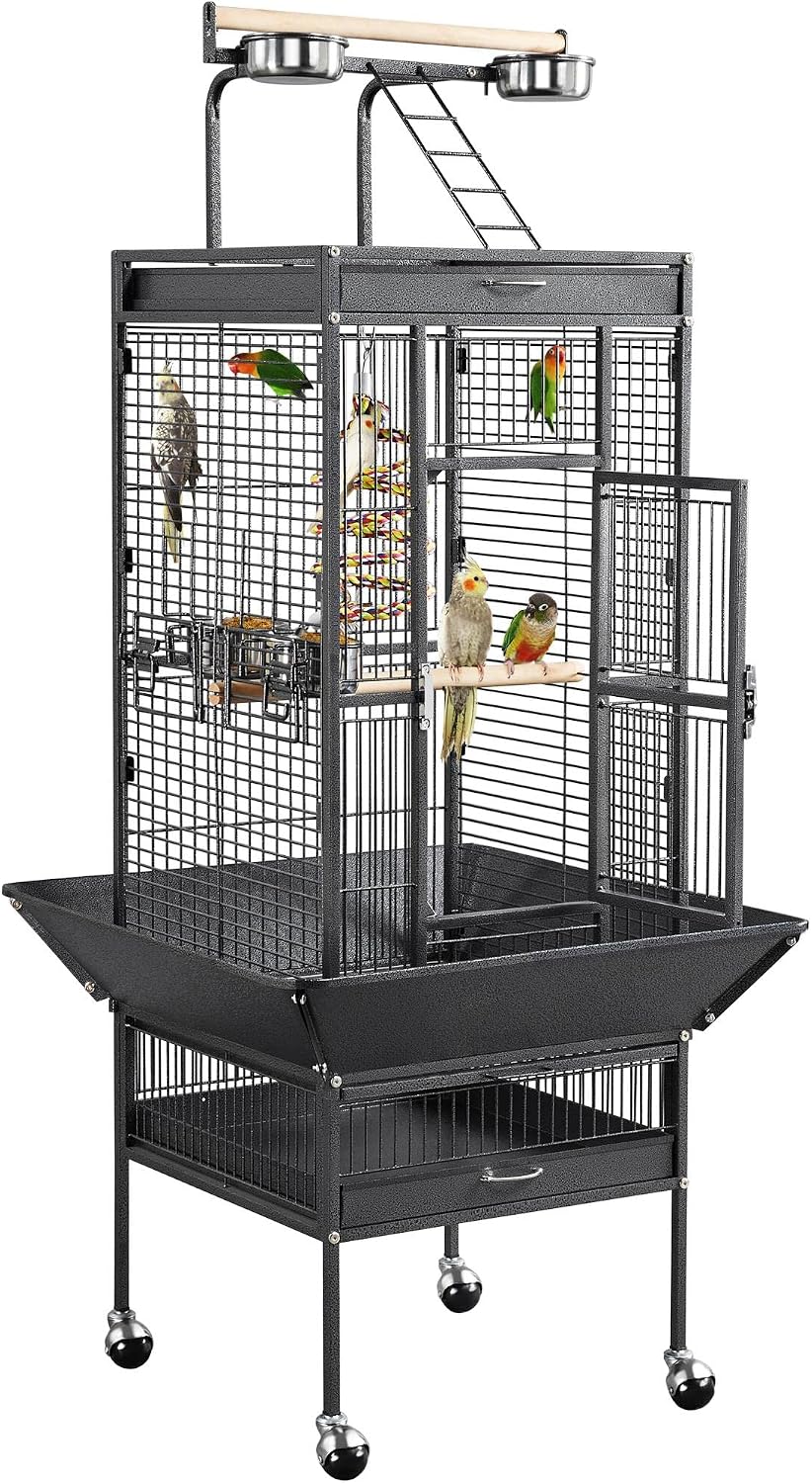 61" Playtop Parrot Bird Cage with Rolling Stand, Wrought Iron Parrot Cage for Cockatiels Quaker Conure Parakeet