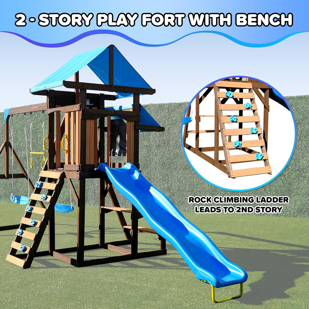 Rosemont Cedar Wooden Swing Set with 8' Slide, 2 Adjustable Swings, Trapeze, Play Fort with Rock Climber, Sandbox