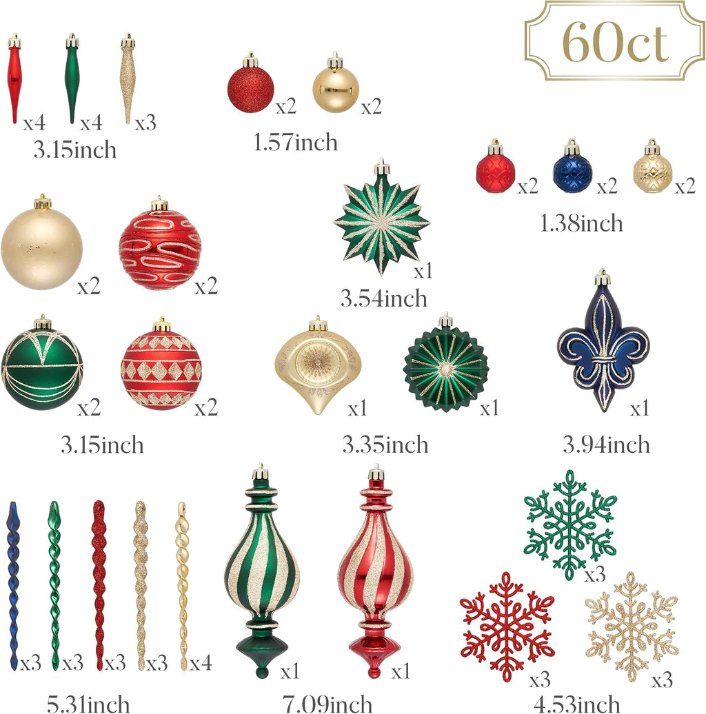 Ornaments for Christmas Trees, 60ct Red Green Blue and Gold Shatterproof Christmas Tree Decorations, Luxury Hanging