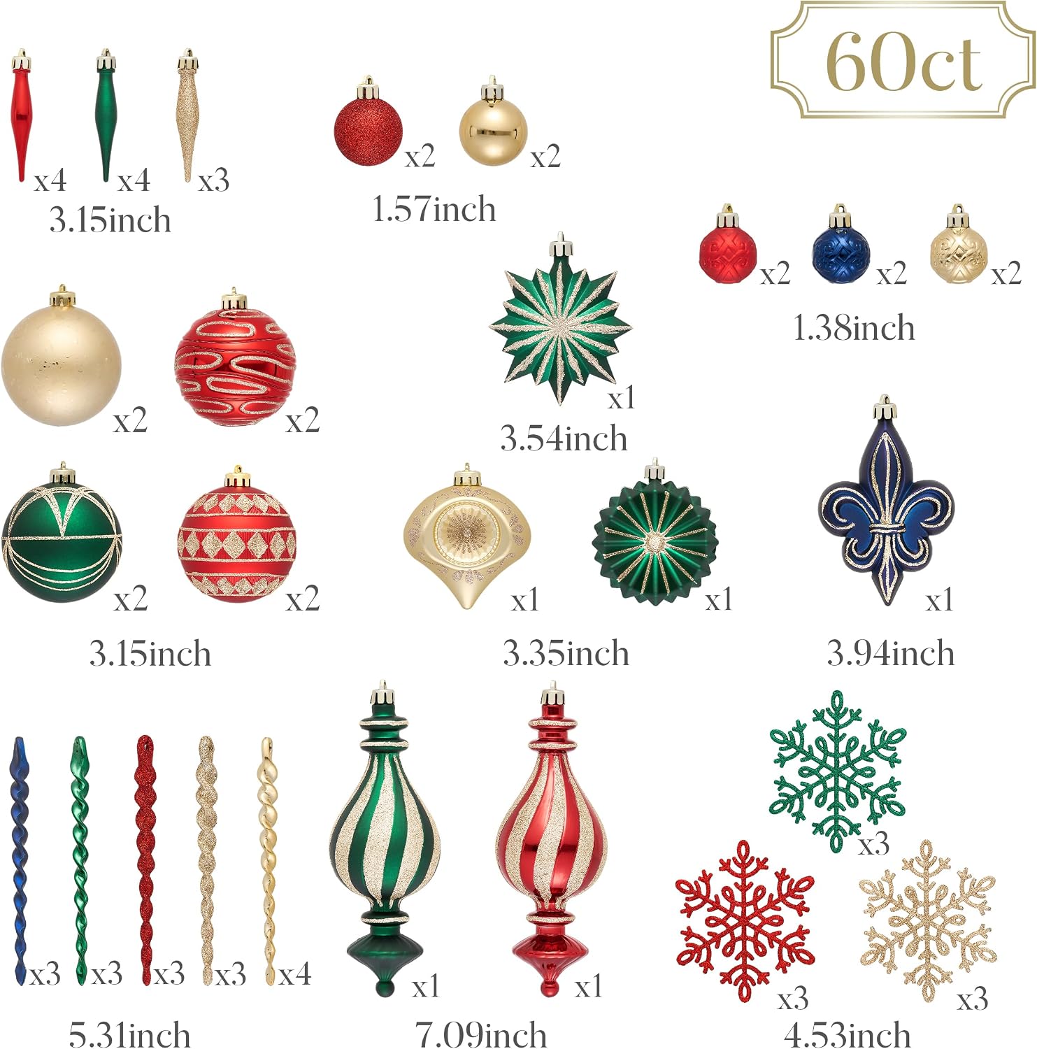 Ornaments for Christmas Trees, 60ct Red Green Blue and Gold Shatterproof Christmas Tree Decorations, Luxury Hanging