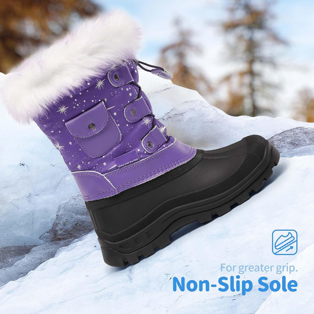 Girls Snow Waterproof Winter Boots | Warm Faux Fur Lined Outdoor Secure Grip Anti Slip Outsole Easy Wear Windproof