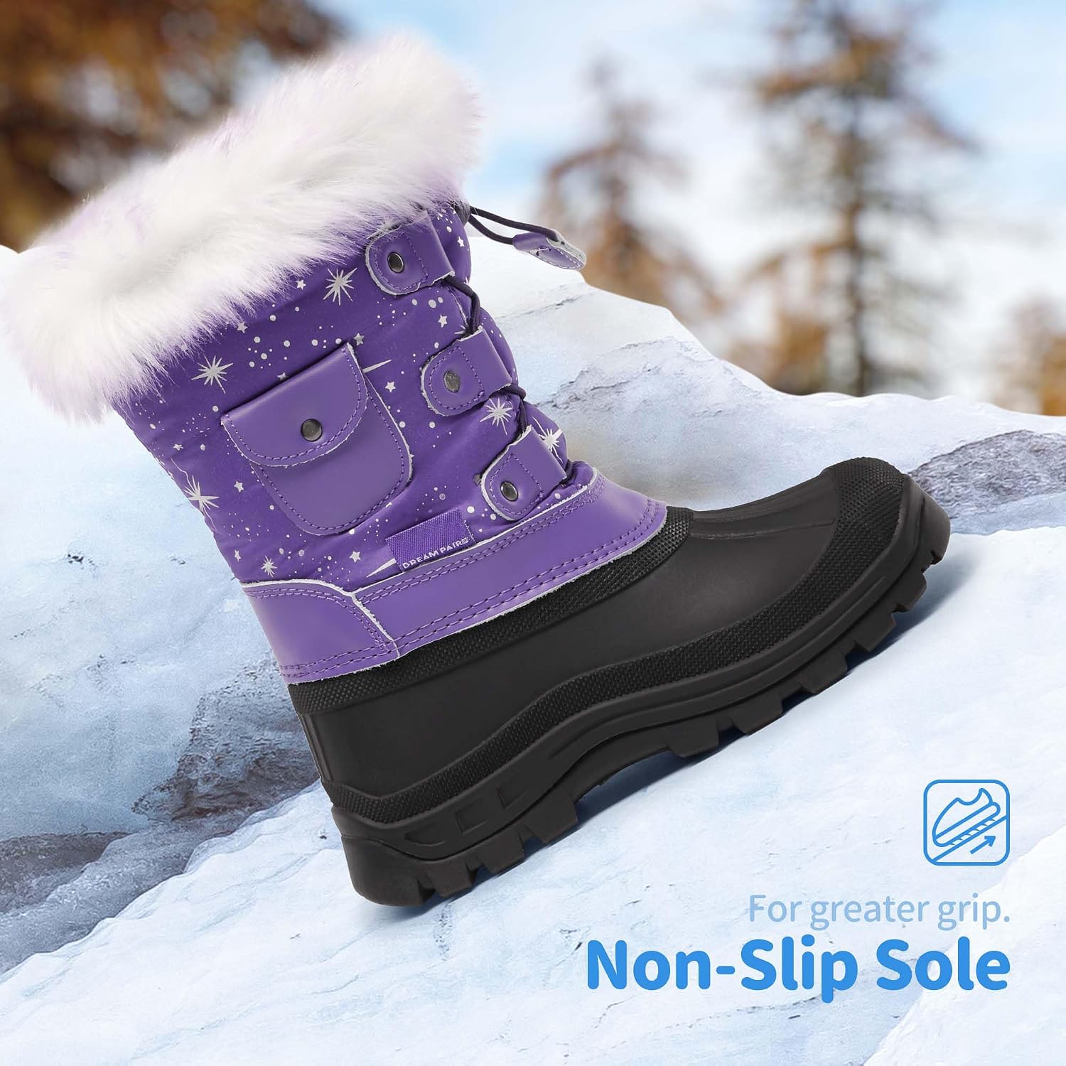 Girls Snow Waterproof Winter Boots | Warm Faux Fur Lined Outdoor Secure Grip Anti Slip Outsole Easy Wear Windproof