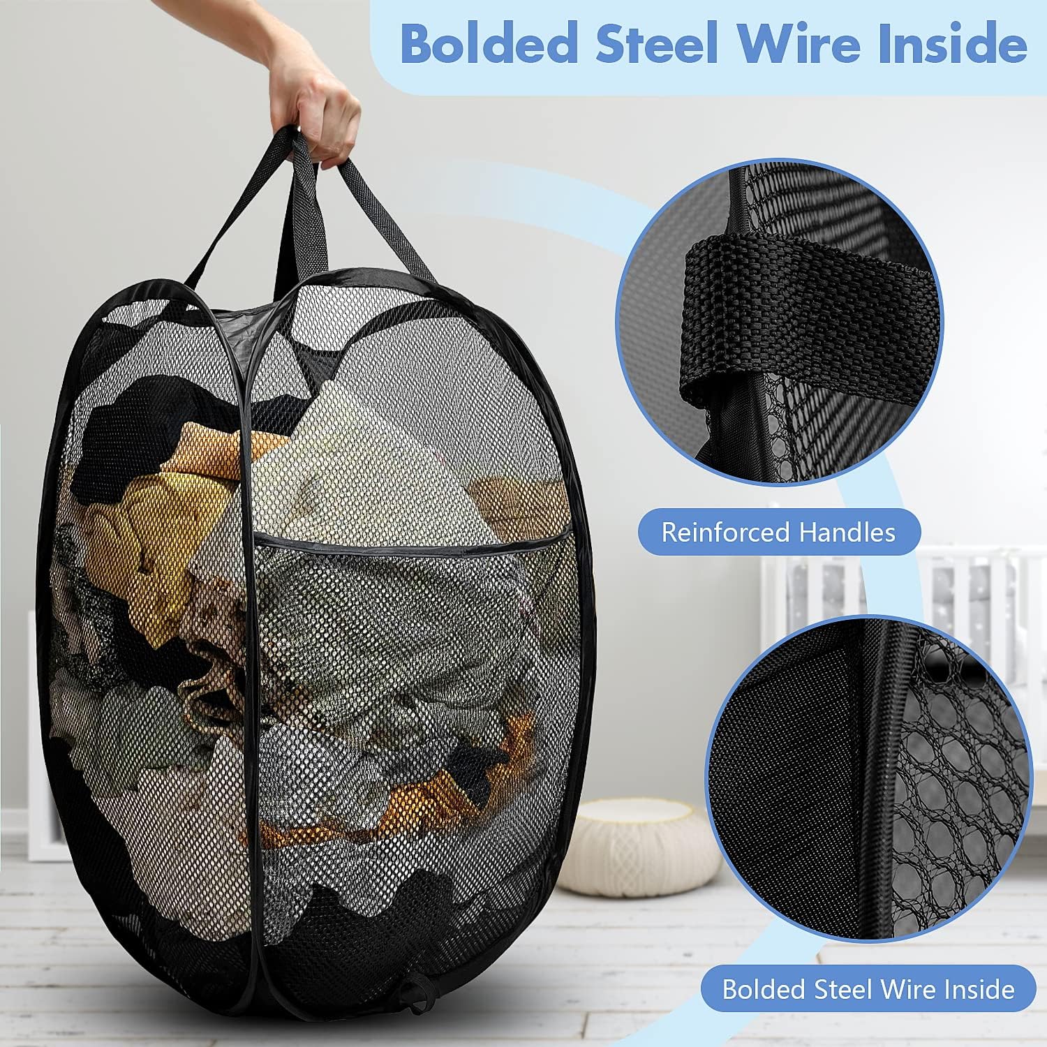 Pop Up Laundry Hamper, 70L Collapsible Mesh Laundry Basket with Side Pocket, Foldable Dirty Clothes Hamper with