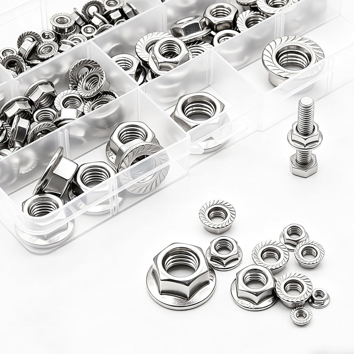 140PCS Hex Flange Nuts Assortment, 304 SS, 7 Metric Sizes M3-M12