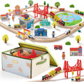 110pcs Wooden Train Set with Folding Storage Box | Wooden Train Track Toy for Boys & Girls, Age 3-7, Includes
