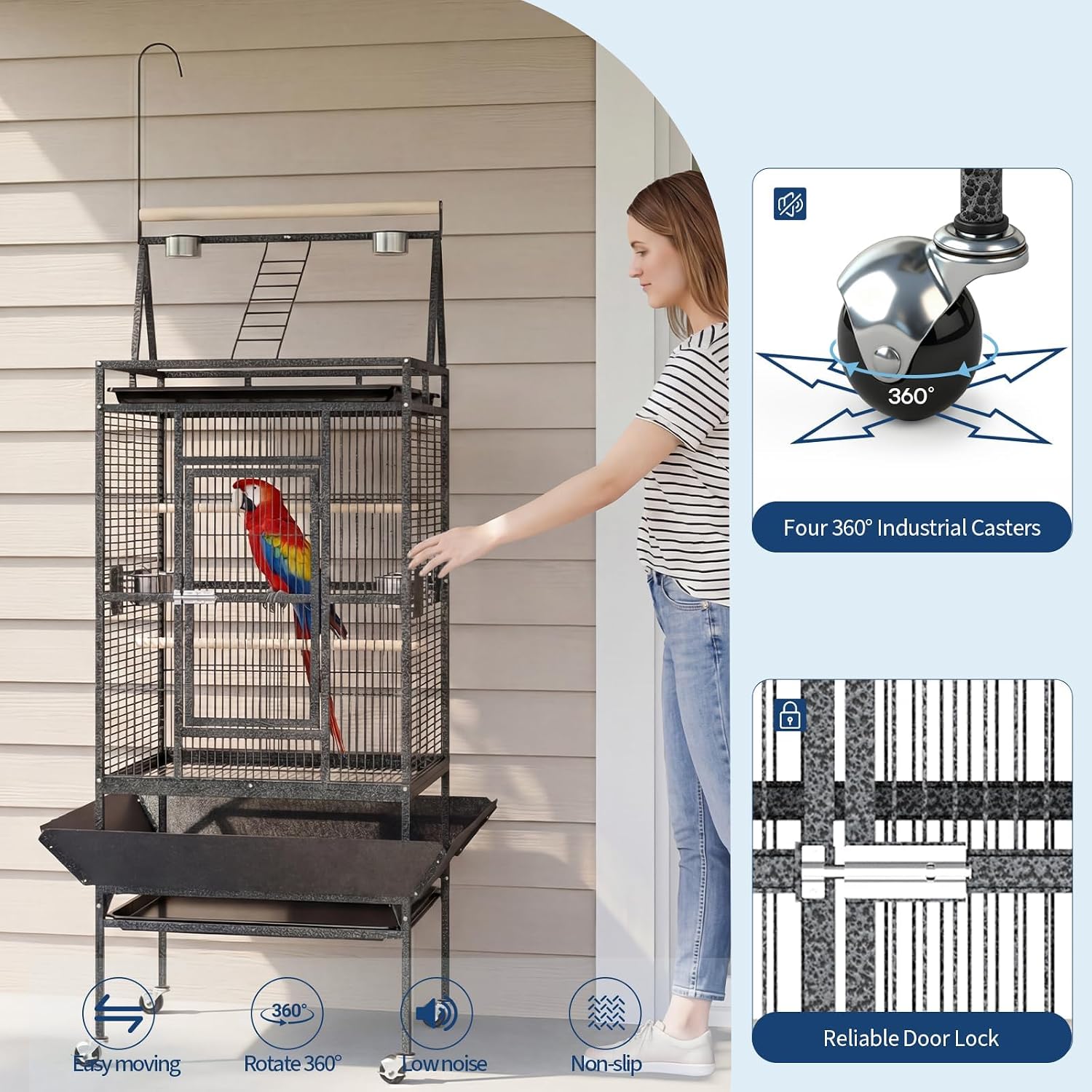 Extra Large 82" Parrot Cage with Play Top – Heavy Duty Wrought Iron Aviary, Rolling Stand, Secure Lock, Easy-Clean