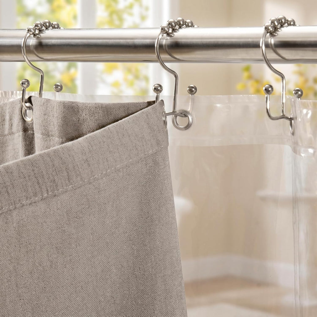 3-in-1 Linen Shower Curtain with Waterproof Quick Dry Liner and 12 Sturdy Stainless Steel Double Sided Sliding