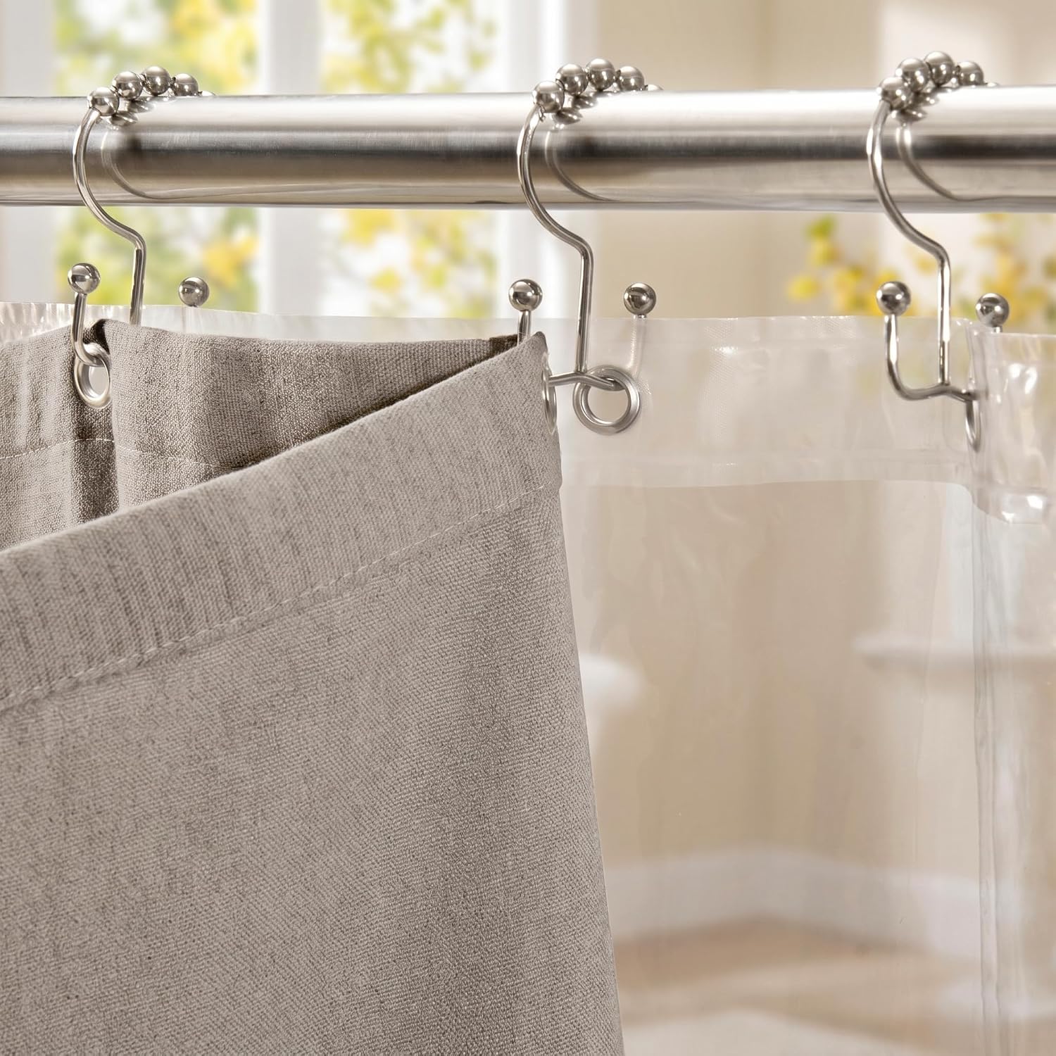 3-in-1 Linen Shower Curtain with Waterproof Quick Dry Liner and 12 Sturdy Stainless Steel Double Sided Sliding