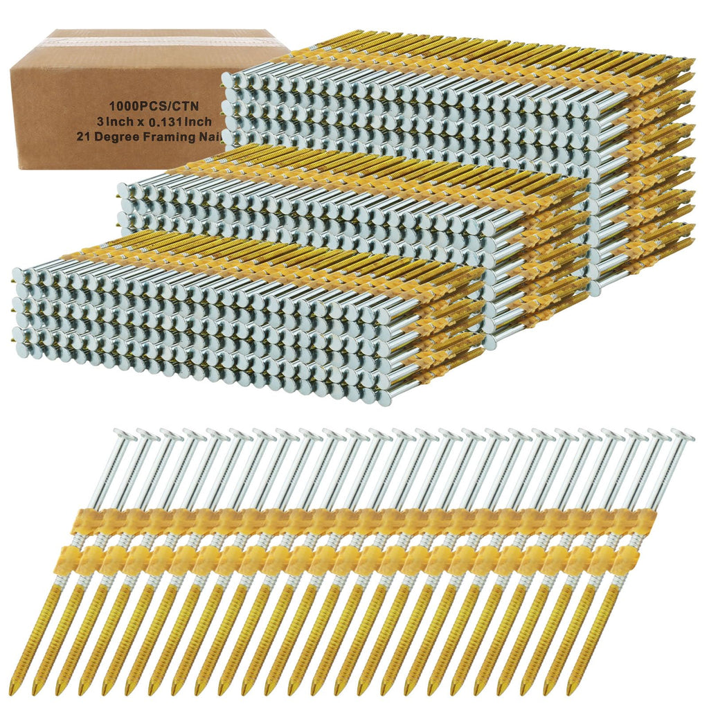 1000 Count Framing Nails, 3Inch x 0.131Inch 21 Degree Framing nails