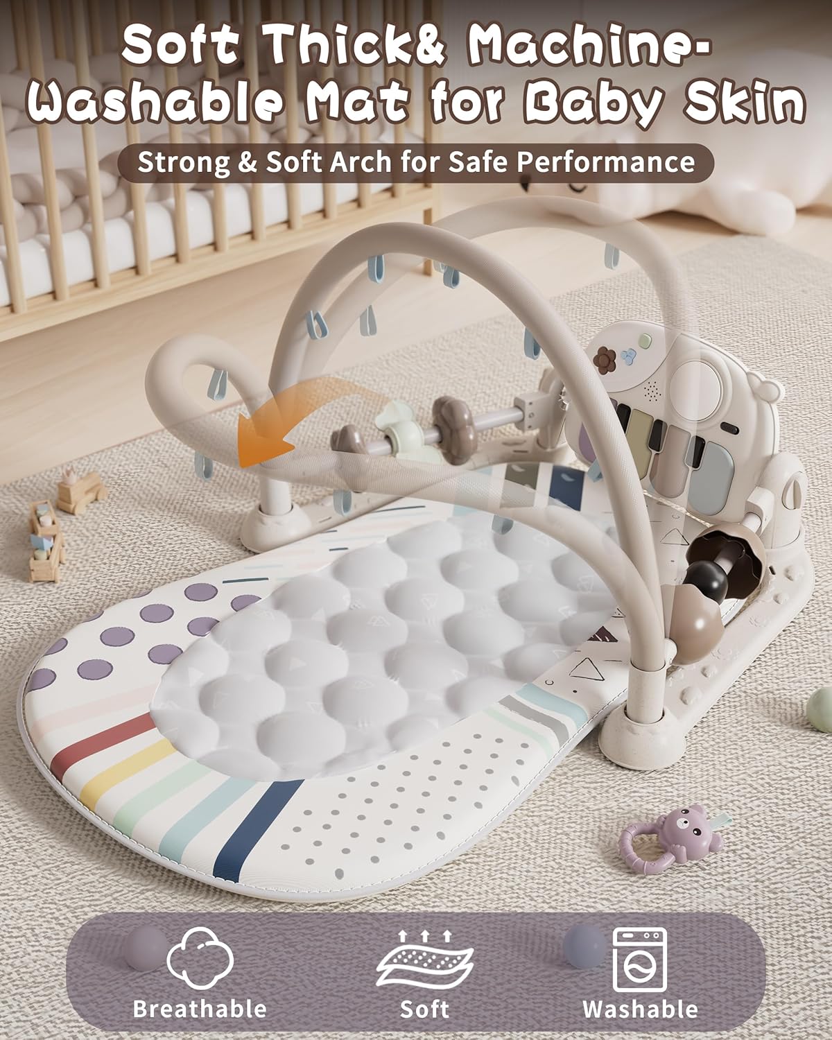 Baby Play Mat Baby Toys,Baby Gym Tummy Time Play Piano Activity Mat with 5 Infant Sensory Toys,Music & Light Infant