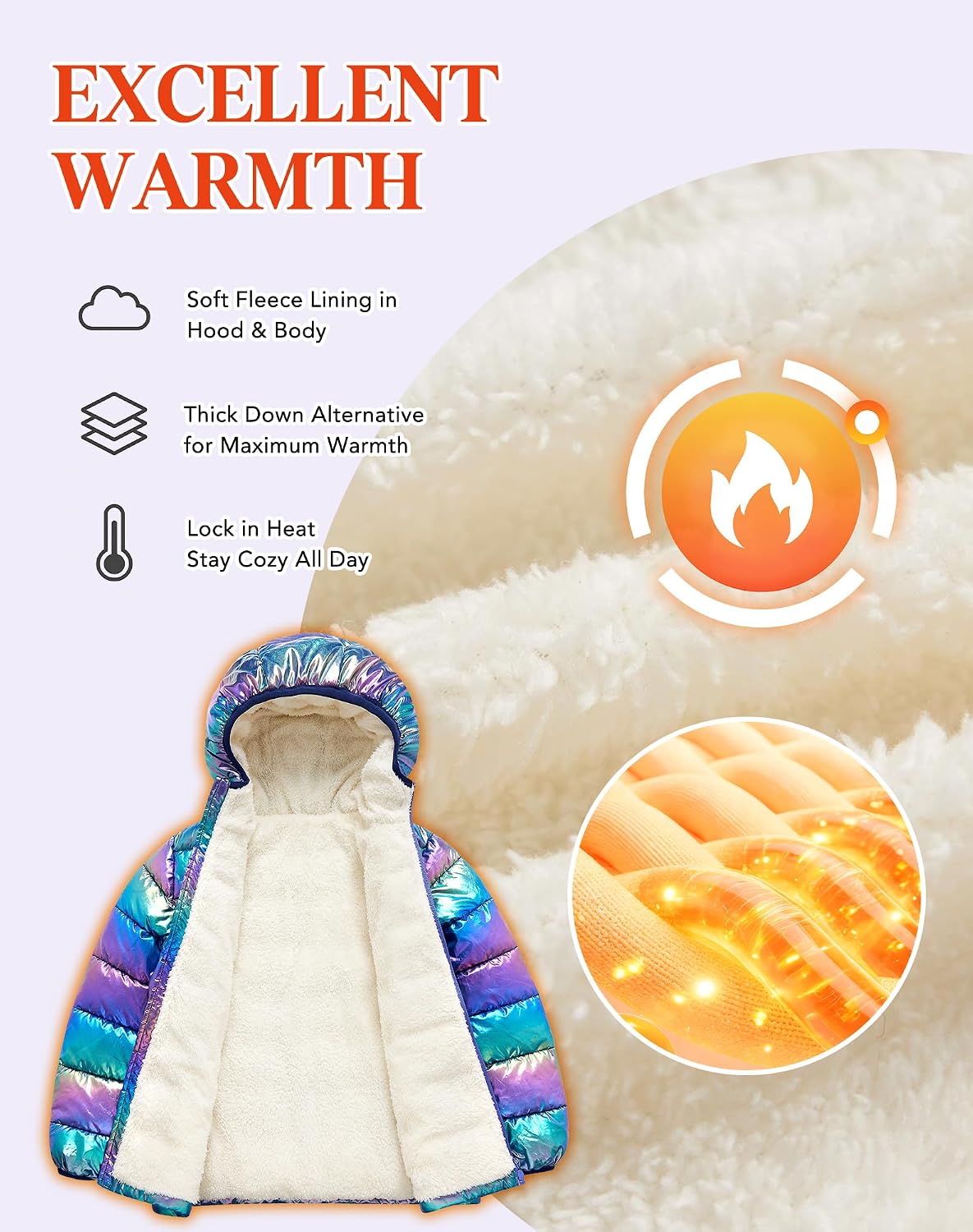 4-12 Years Girls Hooded Puffer Jacket Warmth Padded Winter Coat | Metallic Shine Fabric, Warm Fleece Lining, Durable