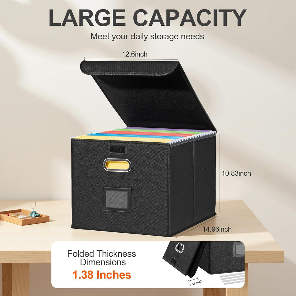 Collapsible File Box with Lid & Plastic Slide - Hanging Document Organizer for Office/Home, 14.96x12.6x10.83