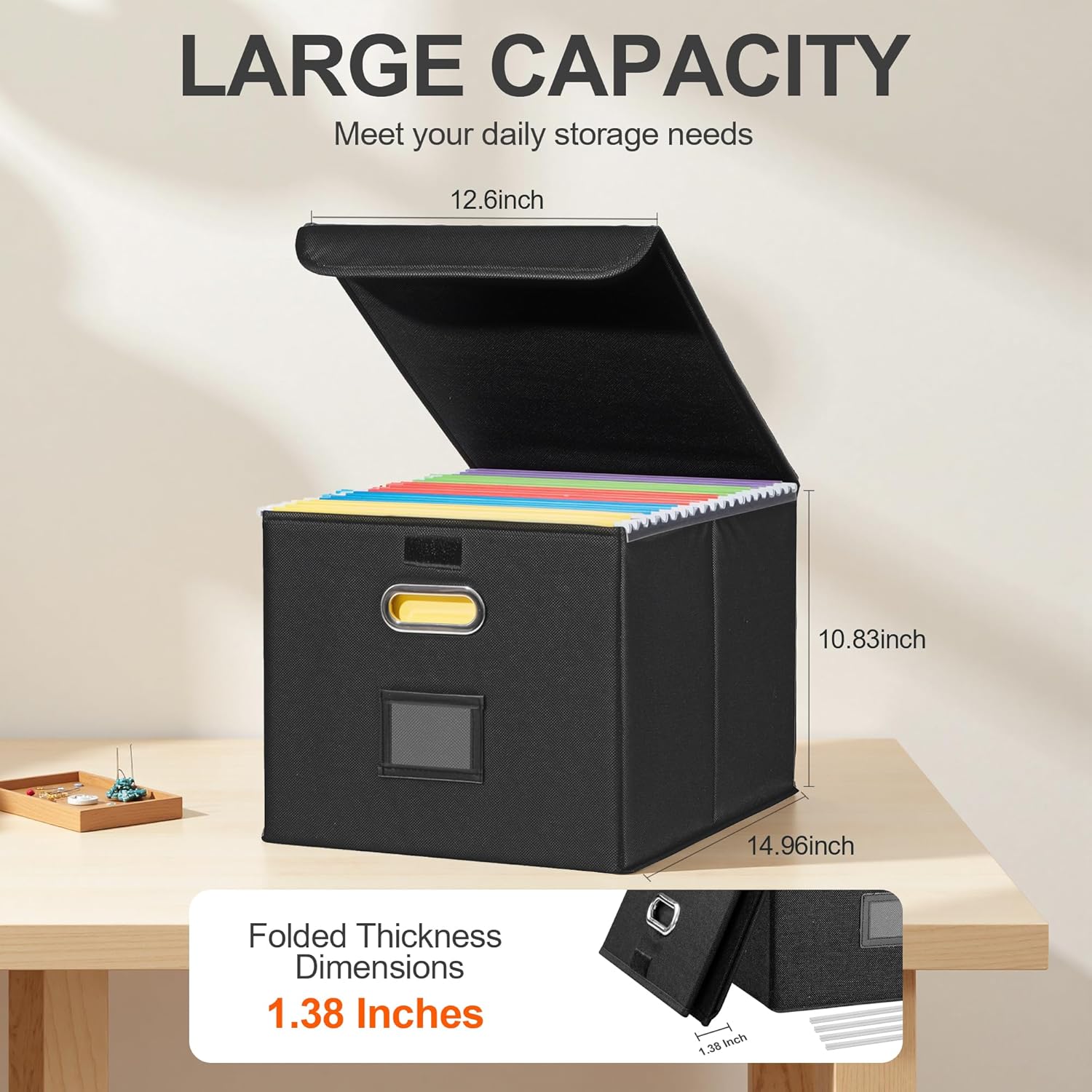 Collapsible File Box with Lid & Plastic Slide - Hanging Document Organizer for Office/Home, 14.96x12.6x10.83