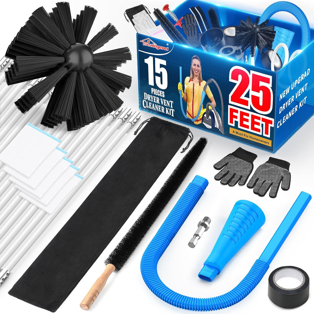 15-Piece 25-Feet Dryer Vent Cleaner Kit, Dryer Cleaning Tools, Omnidirectional Dryer Lint Vacuum Attachment, Dryer