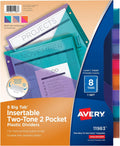 Big Tab Insertable Plastic 2 Pocket Dividers for 3 Ring Binders, 8 Tab Set, Two-Tone Multicolor, Works with Sheet