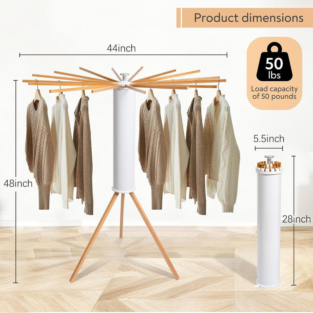 Clothes Drying Rack, Rotary Foldable Stand with 16 Arms, White | Stable Tripod Base, 50 lbs Heavy Duty, Portable &